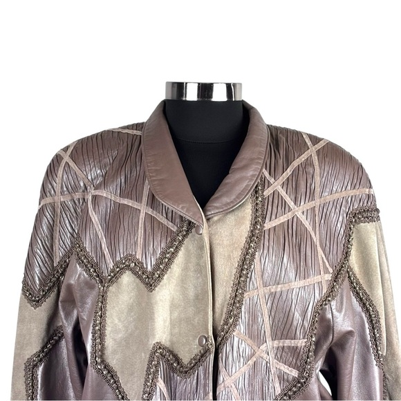 VINTAGE 80S LEATHER WOOL PATCHWORK ABSTRACT TAUPE TAN STATEMENT JACKET NORMA - Picture 8 of 15